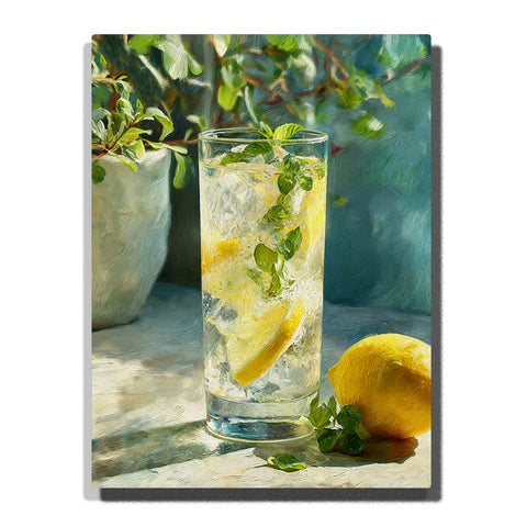 Lemon sparkling water in a tall glass with ice, citrus slices, and fresh herbs in soft natural light still life Paint by Numbers wall art.