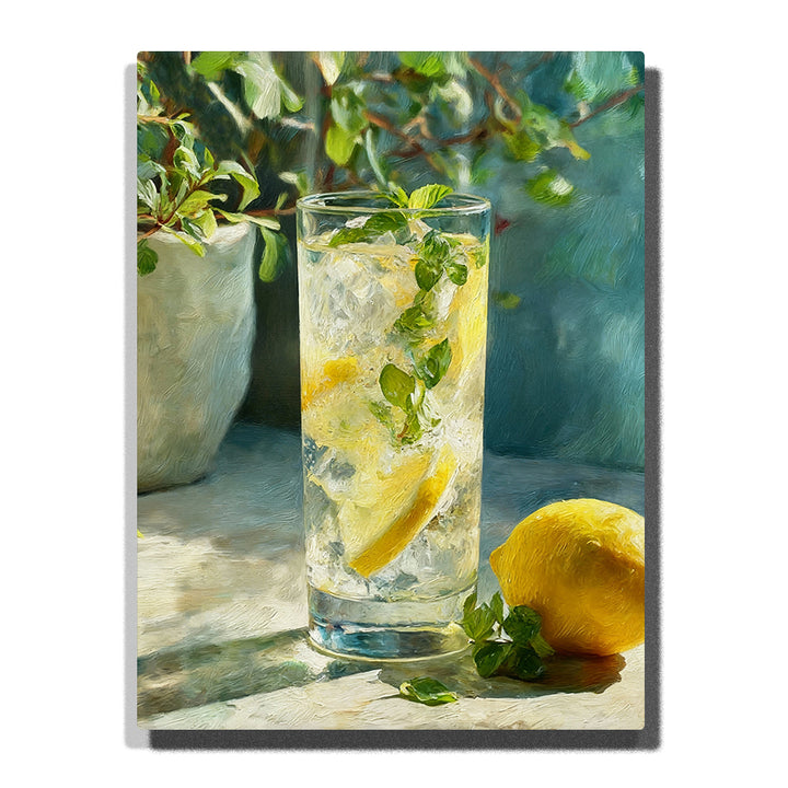 Lemon sparkling water in a tall glass with ice, citrus slices, and fresh herbs in soft natural light still life Paint by Numbers wall art.