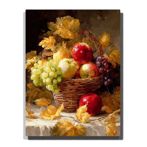 Autumn fruit basket still life with apples, green and red grapes, woven basket, and golden fallen leaves Paint by Numbers wall art.