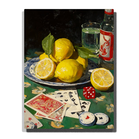 Still life with lemons on plate, playing cards, dice, glass bottle, and tabletop objects Paint by Numbers wall art.