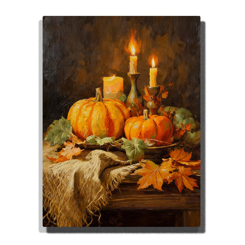 Autumn still life with pumpkins, glowing candles, dried leaves, and rustic wooden table warm candlelit Paint by Numbers wall art.