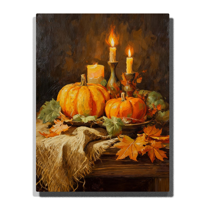 Autumn still life with pumpkins, glowing candles, dried leaves, and rustic wooden table warm candlelit Paint by Numbers wall art.