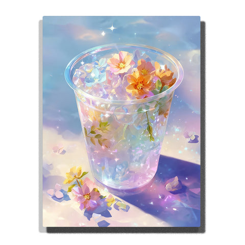 Sparkling floral jelly cup with pastel blossoms, transparent drink texture, soft blue light, and dreamy flower petals Paint by Numbers wall art.