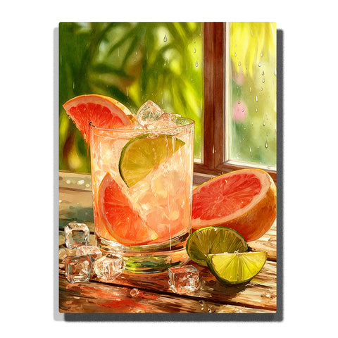 Citrus grapefruit and lime iced drink in glass with ice cubes, water droplets, and sunlit wooden table still life Paint by Numbers wall art.