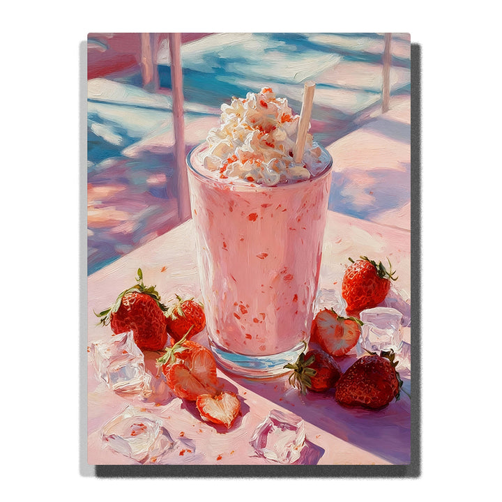 Strawberry whipped cream milkshake in tall glass with fresh strawberries, ice cubes, and soft pastel lighting, dessert still life Paint by Numbers wall art.