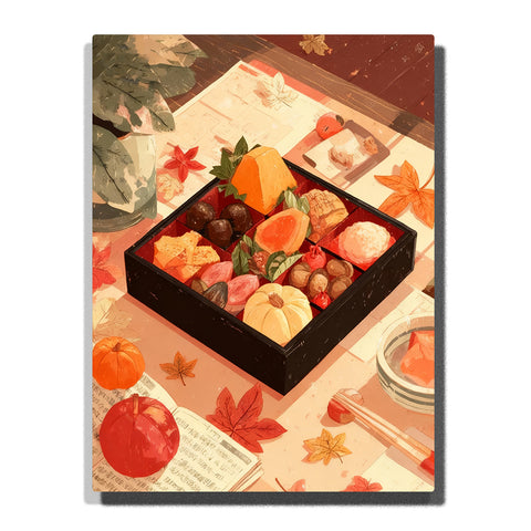 Autumn harvest snack box with fruits, pumpkins, pastries, nuts, and scattered maple leaves on warm tabletop still life Paint by Numbers wall art.
