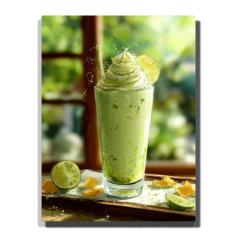 Creamy lime drink in glass with whipped topping, fresh lime slices, citrus zest, and soft natural light Paint by Numbers wall art.