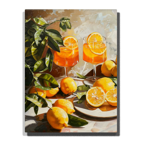 Orange cocktails with sliced citrus fruits, lemons, green leaves, and warm still life table scene Paint by Numbers wall art.