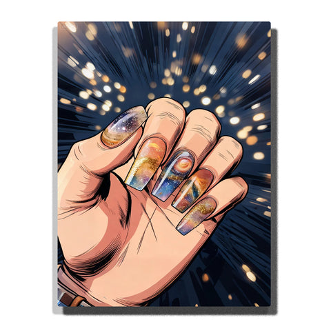 Hand with long coffin nails featuring vibrant cosmic galaxy, planets, stars and nebulae designs against dynamic starry space background — PaintEasy Home Decor - Still Life Paint by Numbers artwork