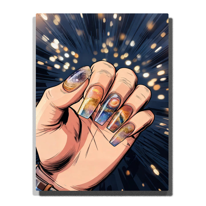 Hand with long coffin nails featuring vibrant cosmic galaxy, planets, stars and nebulae designs against dynamic starry space background — PaintEasy Home Decor - Still Life Paint by Numbers artwork