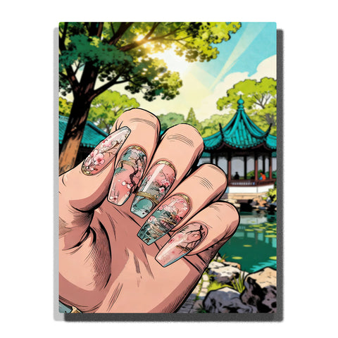 Hand with long coffin nails featuring delicate Chinese cherry blossom, pavilion, mountain and water landscape designs with gold accents, set against sunny traditional Chinese garden with pagoda and pond — PaintEasy Home Decor - Still Life Paint by Numbers artwork