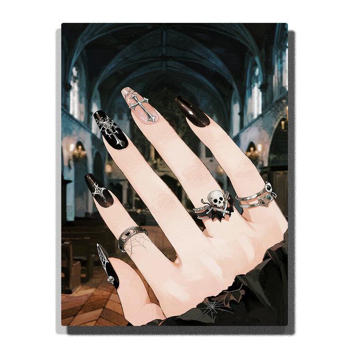 Gothic black nail art with silver spiderweb designs, skull rings, gothic jewelry, and cathedral background for PaintEasy Paint by Numbers.