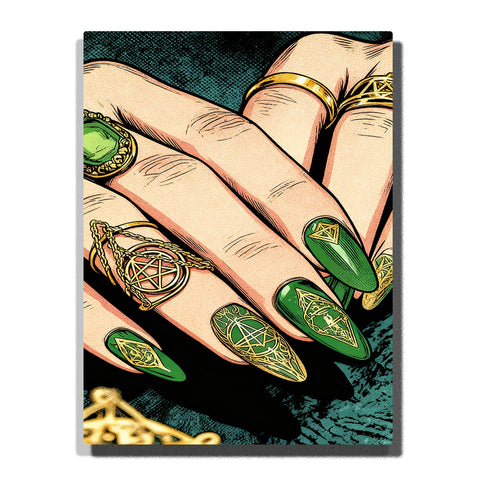 Mystical hands with long emerald green stiletto nails featuring intricate gold pentagram, geometric and esoteric designs, adorned with ornate gold rings with green gemstones and chain details — PaintEasy Home Decor - Still Life Paint by Numbers artwork