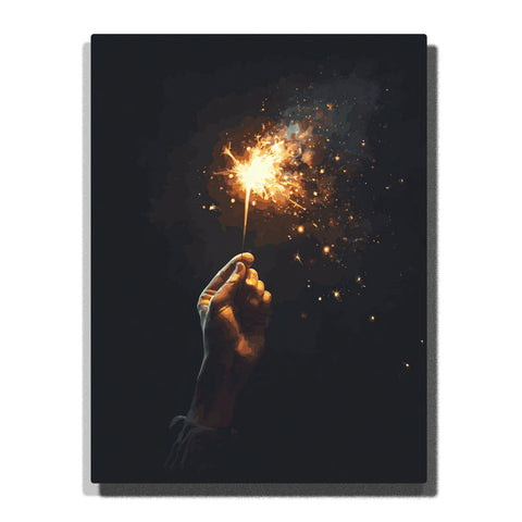 Paint by Numbers Kit – A Single Hand Holding a Sparkling Light Against a Deep Black Background with Floating Golden Particles – PaintEasy