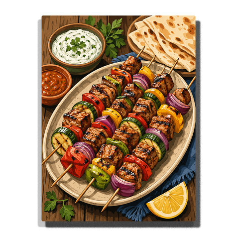 Mediterranean chicken skewers with colorful vegetables, grilled food platter, sauces, flatbread, herbs and rustic dining table food artwork Paint by Numbers by PaintEasy