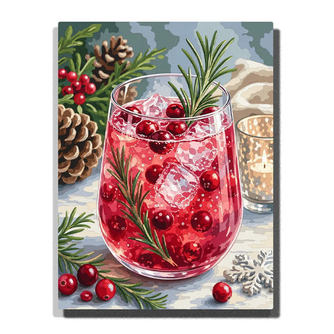 Cranberry Cocktail Paint by Numbers For Adults featuring sparkling red drink with ice, rosemary and cranberries surrounded by pinecones, evergreen branches and Christmas decor