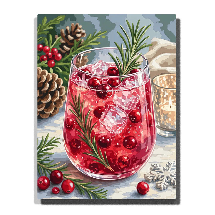 Cranberry Cocktail Paint by Numbers For Adults featuring sparkling red drink with ice, rosemary and cranberries surrounded by pinecones, evergreen branches and Christmas decor