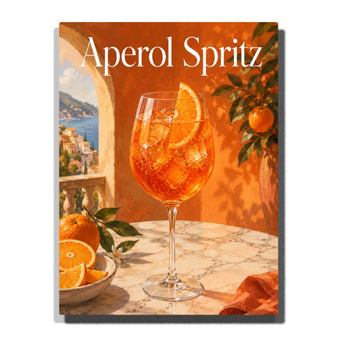 Aperol Spritz cocktail on Italian Mediterranean terrace with orange slices, coastal village view, marble table and elegant drink artwork Paint by Numbers by PaintEasy