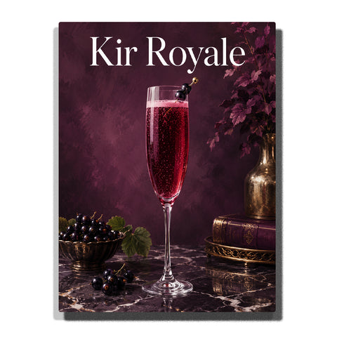 Kir Royale cocktail with blackcurrants, champagne glass, elegant marble table, dark floral background and French drink artwork Paint by Numbers by PaintEasy