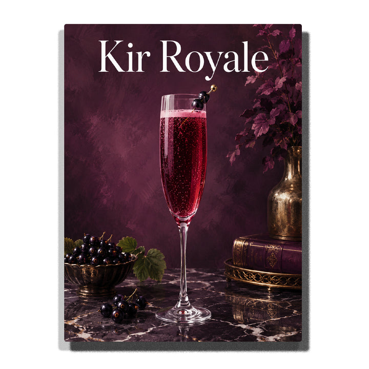 Kir Royale cocktail with blackcurrants, champagne glass, elegant marble table, dark floral background and French drink artwork Paint by Numbers by PaintEasy