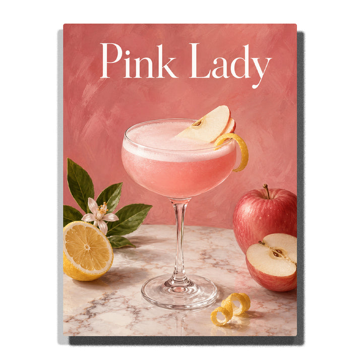 Pink Lady cocktail with apple garnish, lemon slices, coupe glass, white flowers, marble table and elegant pink drink artwork Paint by Numbers by PaintEasy