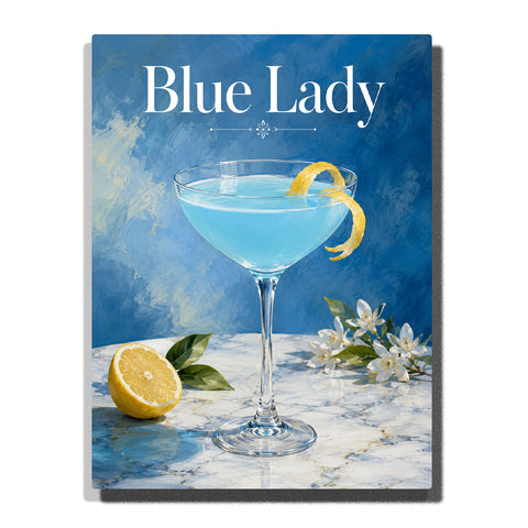 Blue Lady cocktail with lemon garnish, coupe glass, white flowers, marble table and elegant blue drink artwork Paint by Numbers by PaintEasy