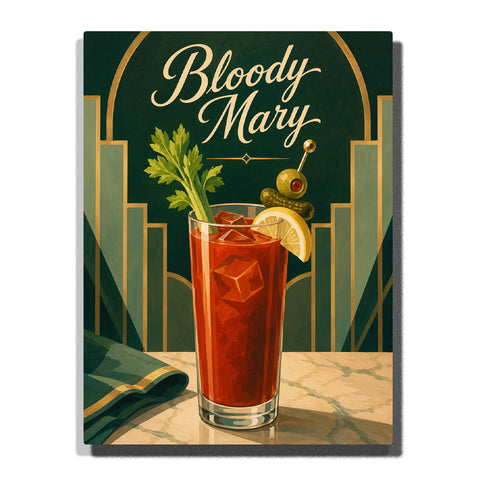 Bloody Mary cocktail glass with celery garnish, lemon slice, olives, red drink, green background and marble counter vintage bar atmosphere Paint by Numbers wall art