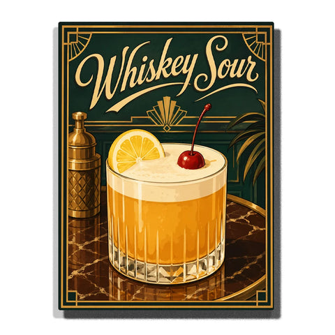 Whiskey Sour Cocktail Paint by Numbers For Adults featuring golden drink with foam, lemon slice, red cherry, crystal glass and green gold Art Deco bar design
