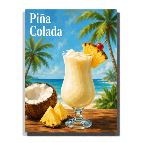 Piña Colada cocktail with coconut, pineapple slices, palm trees, ocean beach view and tropical drink artwork Paint by Numbers by PaintEasy