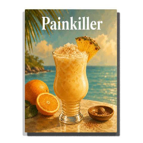 Painkiller cocktail with pineapple garnish, orange slices, tropical beach ocean view, palm leaves and summer drink still life Paint by Numbers by PaintEasy