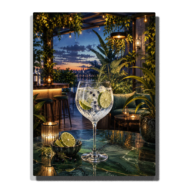 Gin tonic cocktail with lime slices, crystal glass, candlelight, outdoor bar terrace, tropical plants and elegant drink artwork Paint by Numbers by PaintEasy