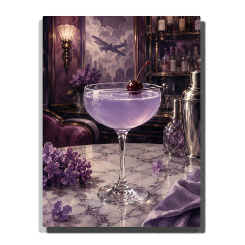 Lavender cocktail glass with cherry garnish on marble counter, purple cocktail drink with flowers, glass bottles and vintage bar atmosphere Paint by Numbers wall art