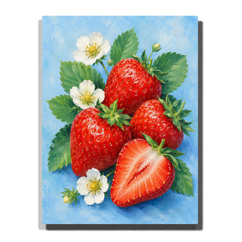 Fresh strawberries with white flowers, green leaves, fruit details and botanical food still life artwork Paint by Numbers by PaintEasy