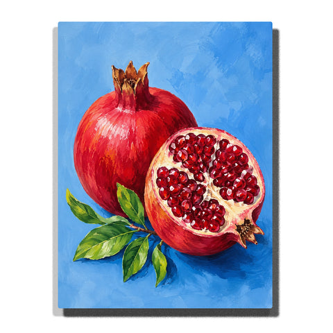 Red pomegranate fruit with open seeds, green leaves, blue background and elegant botanical food still life artwork Paint by Numbers by PaintEasy