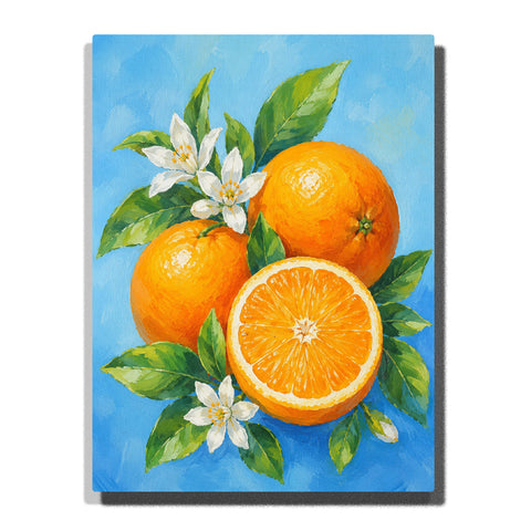 Fresh orange fruit with white blossoms, green leaves, citrus slices and botanical food still life artwork Paint by Numbers by PaintEasy