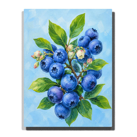 Fresh blueberry branch with ripe blue berries, green leaves, white blossoms and botanical fruit artwork Paint by Numbers by PaintEasy