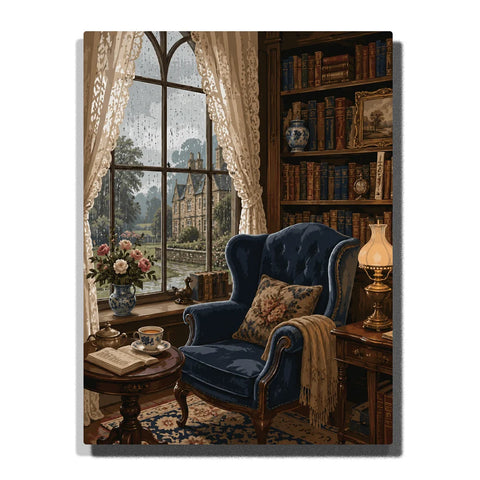 Antique Victorian Library with Navy Armchair and Rainy Window Paint by Numbers Kit For Adults