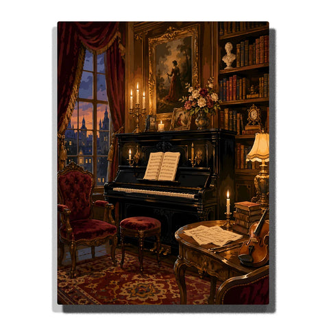 Antique Paint by Numbers For Adults featuring black upright piano, violin, sheet music, leather-bound books, candlelight and burgundy velvet furniture in a vintage library