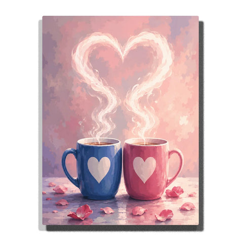 Love Paint by Numbers For Couples featuring blue and pink heart mugs with white steam joining into a large heart above scattered pink flower petals