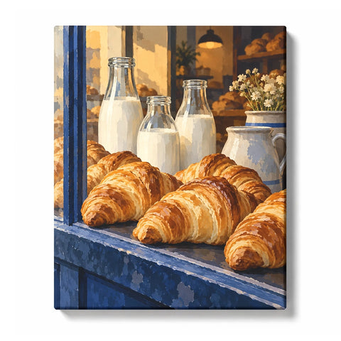 Bakery Window with Croissants and Bottles