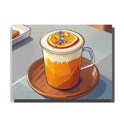 Orange cream tea cup on a wooden saucer, topped with an orange slice and blue flowers, featuring a clear handle, creamy foam, and cafe-style tabletop.