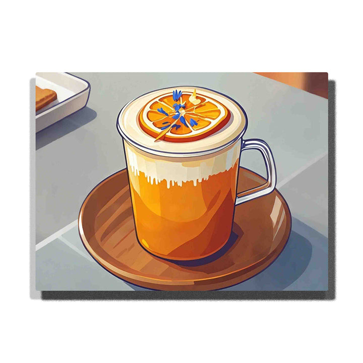 Orange cream tea cup on a wooden saucer, topped with an orange slice and blue flowers, featuring a clear handle, creamy foam, and cafe-style tabletop.
