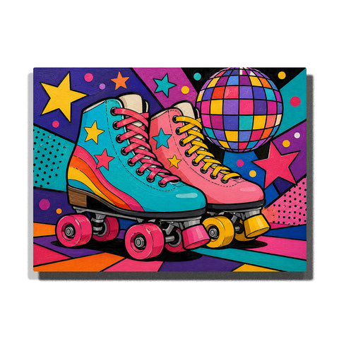 Pop art roller skates with disco ball, colorful stars, geometric background and retro still life design Paint by Numbers by PaintEasy