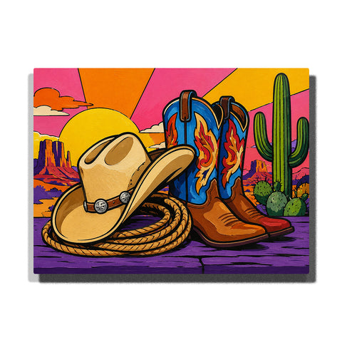 Pop art cowboy boots and hat with rope, desert cactus, western landscape and colorful graphic background Paint by Numbers by PaintEasy