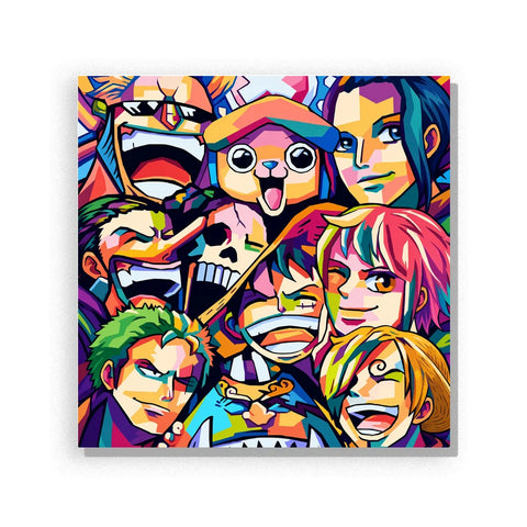 One Piece Paint by Numbers For Adults featuring colorful anime character collage with expressive faces, bold graphic outlines and vibrant pop art colors