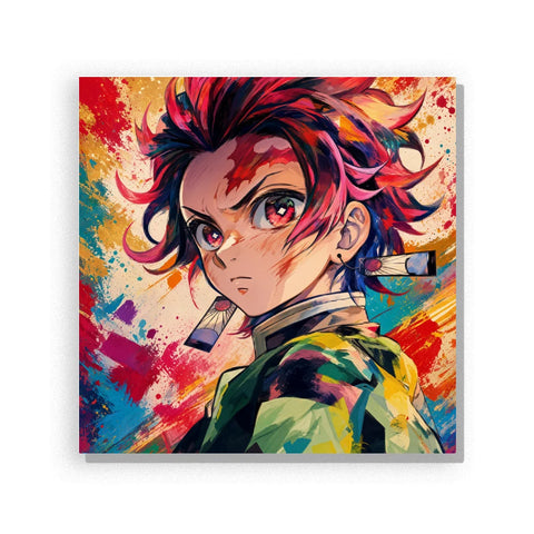 Tanjiro Kamado Demon Slayer Paint by Numbers For Adults featuring colorful anime portrait with burgundy hair, expressive eyes and vibrant paint splashes