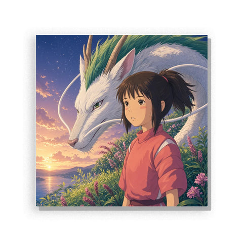 Spirited Away Inspired Anime Paint by Numbers For Adults featuring fantasy character scene with white spirit creature, sunset landscape and magical atmosphere