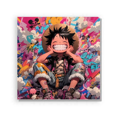 Paint by Numbers artwork of smiling Luffy wearing a straw hat and patched clothing, seated with hands on his cheeks against colorful graffiti.