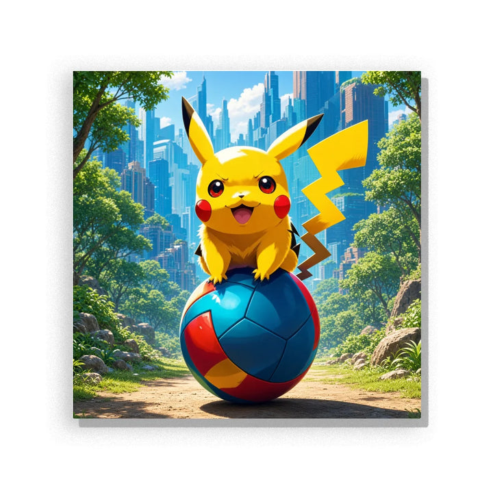Pokémon Paint by Numbers artwork of smiling Pikachu perched on a blue, red and yellow ball in a leafy park with skyscrapers in the background.