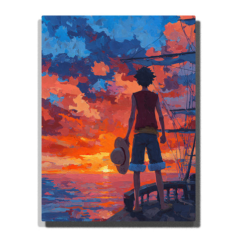 Monkey D. Luffy from One Piece standing on ship deck holding straw hat, watching sunset over the ocean, anime Paint by Numbers wall art.